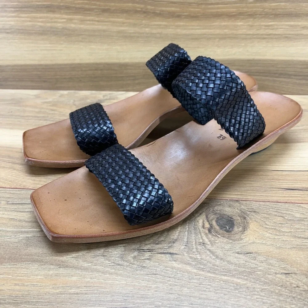 CYDWOQ‎ Womens Sandals Size 9 Black Woven Leather Low Heel Slide USA Made